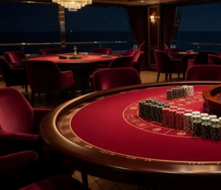 Elegant onboard casino gaming table under warm lighting