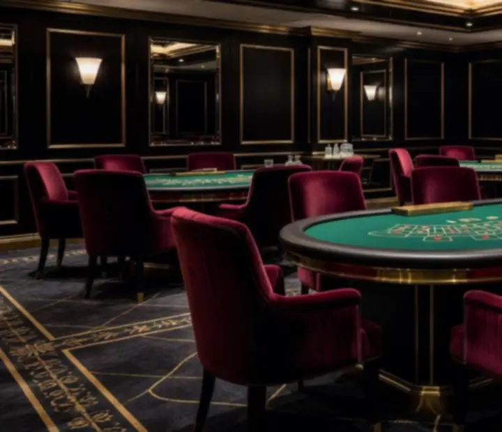 Luxurious cruise ship casino floor with roulette and card tables