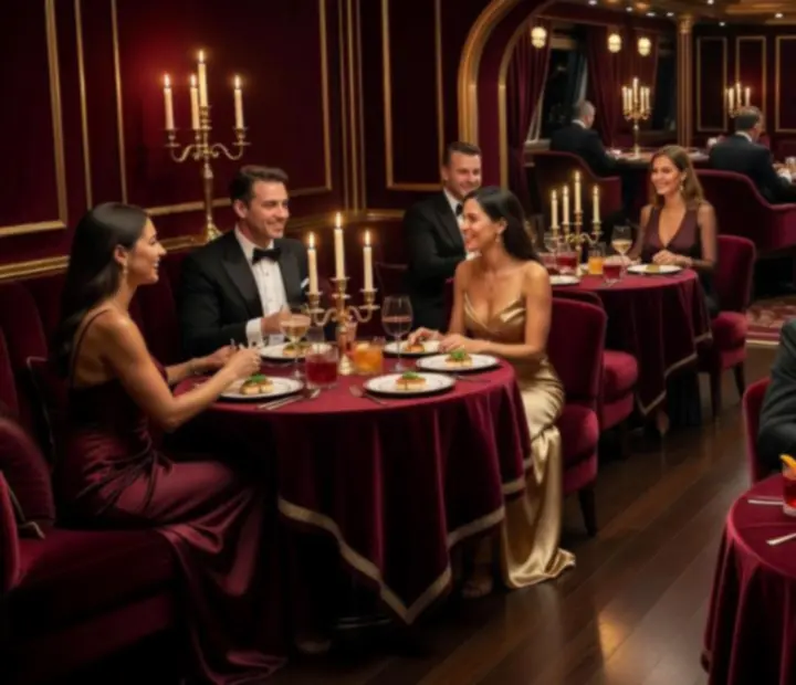 Late-night casino supper club with deep red lighting, dining tables and gaming ambience