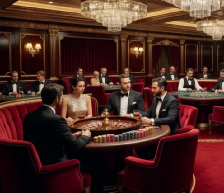 Luxury cruise ship casino with roulette wheel and gaming tables under warm golden light.