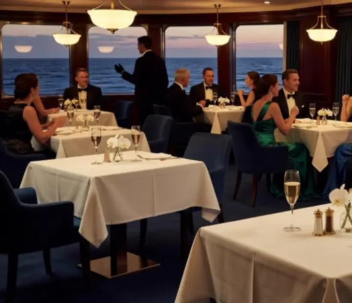 Intimate cruise dining lounge with champagne and warm brass lighting.