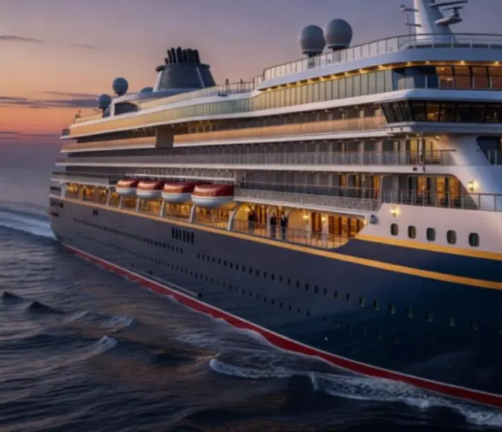 Illuminated luxury cruise ship exterior at night