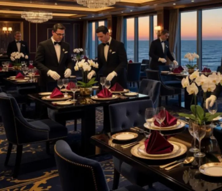Luxurious cruise ship dining room with gold accents and ambient lighting