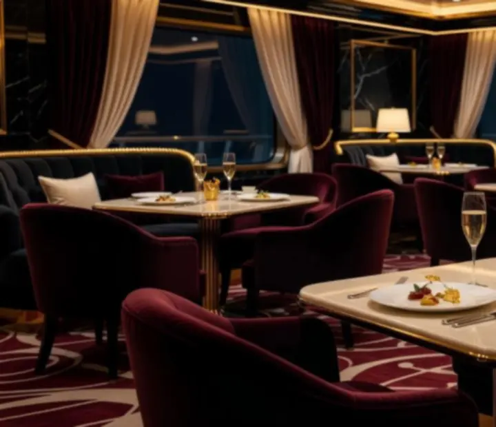 Gourmet cruise lounge with low lighting and refined table settings