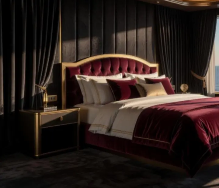 Grand cruise ship suite with obsidian and gold accents.