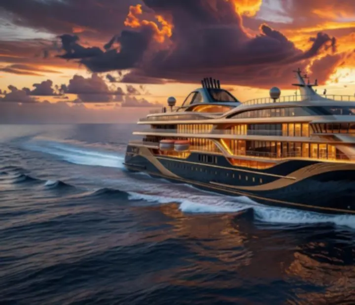 Luxury cruise liner at sea, photographed at dusk