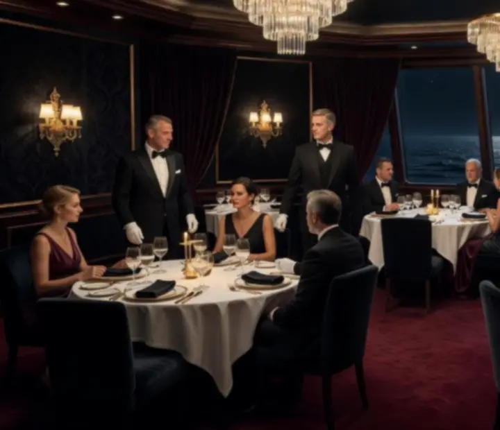 A grand gala dining room aboard a luxury cruise liner with obsidian and gold detailing