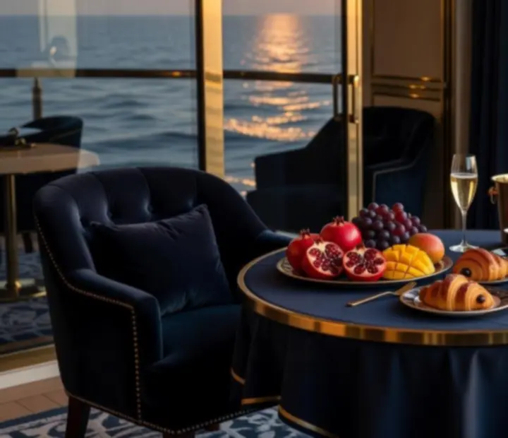 Breakfast served on a private cruise stateroom balcony overlooking the open sea
