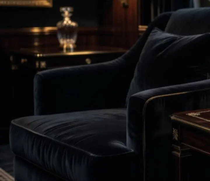 Close-up of dark luxury interior decor with brass fixtures and velvet textures