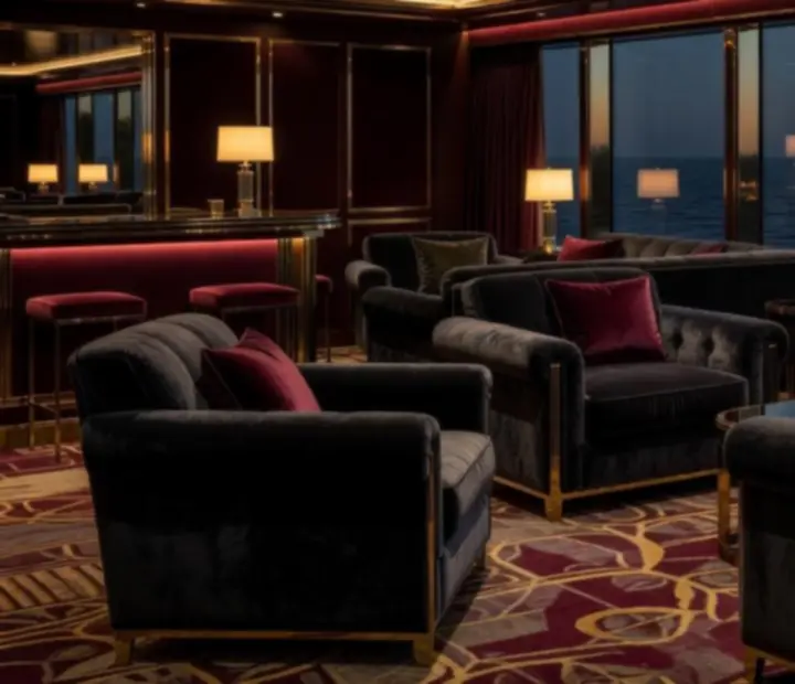 Obsidian-toned luxury cruise lounge with charcoal and burgundy finishes