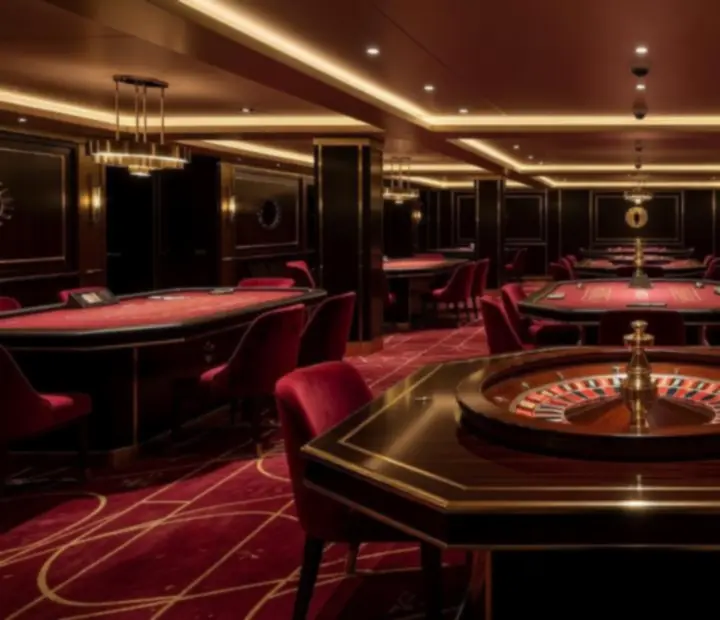 Modern onboard casino floor with gaming tables and warm lighting