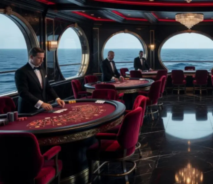 Wonderstar onboard casino main floor with gaming tables and gold lighting