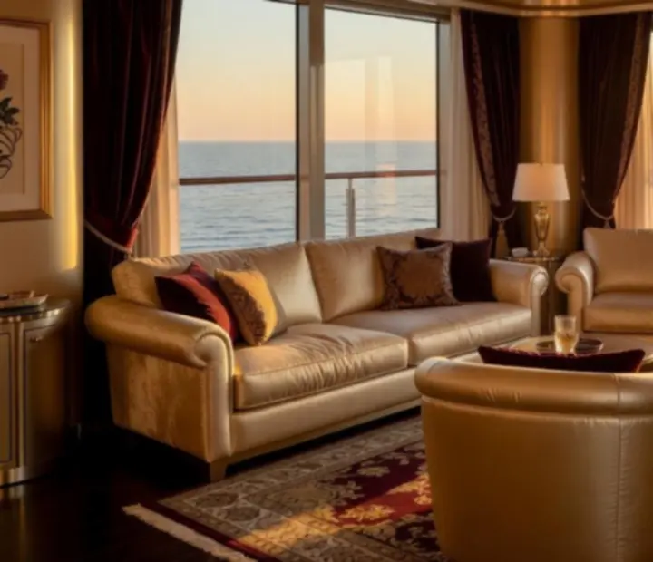 Penthouse suite balcony with lounge seating and expansive twilight ocean view