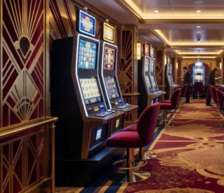 Row of luxury slot machines with art deco lighting