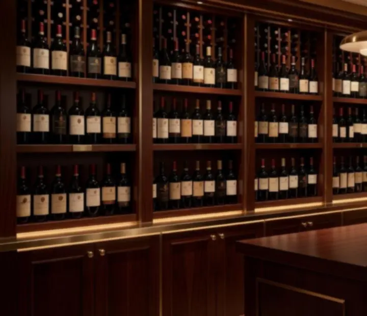 Sommelier selecting a bottle from an illuminated cruise ship wine library