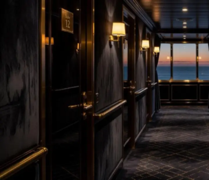 Dimly lit luxury suite corridor with dark walls and brass highlights