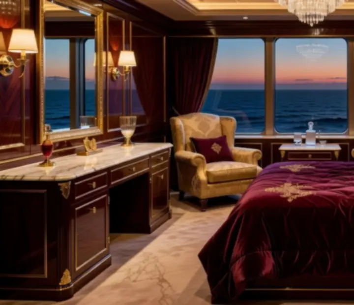 Gold-accented luxury cruise suite with marble finishes and ocean views