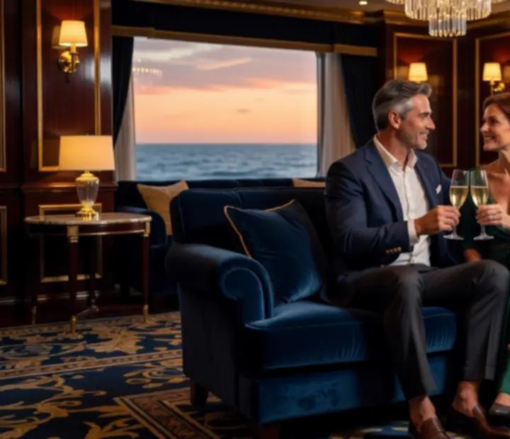 Elegant couple relaxing in a low-lit cruise lounge with champagne.