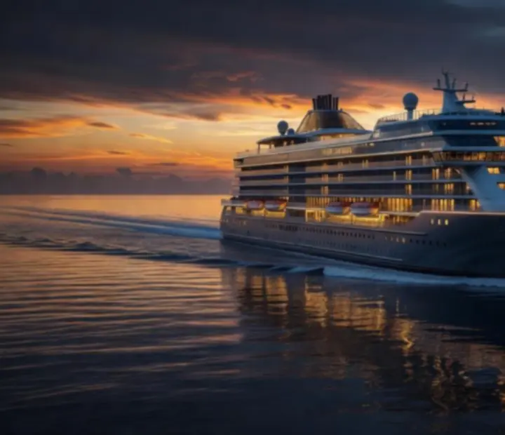 Wonderstar flagship cruise liner sailing at dusk